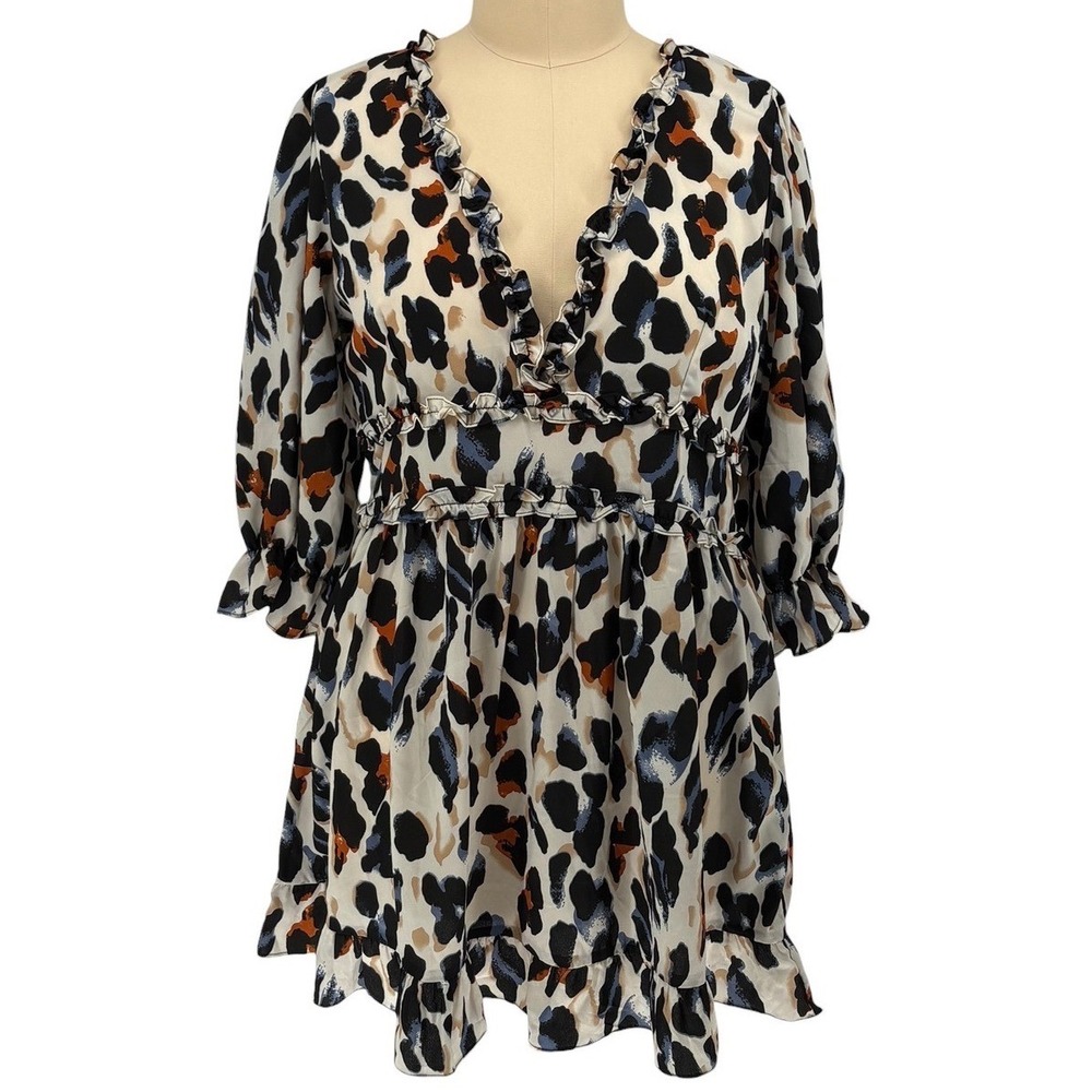 Boohoo Plus Leopard Print‎ Satin Ruffle Skater Dress Black Multi US 16